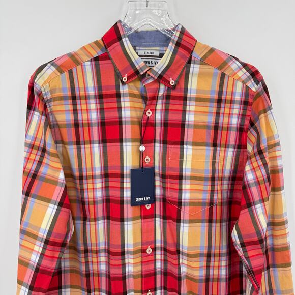 Crown & Ivy shirt men's small stretch button down plaid coral red casual NEW - Picture 2 of 7